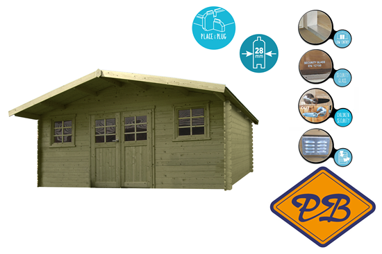 Afbeelding van Solid vuren blokhut 28mm S835-1 Zurich autoclave verduurzaamd afmeting 508x388cm