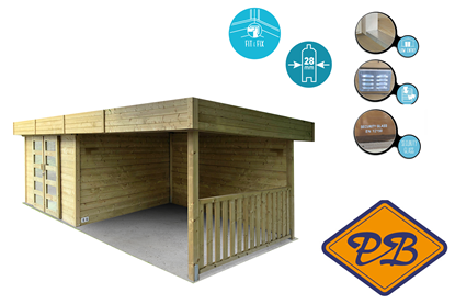 Afbeeldingen van Solid vuren blokhut 28mm S8387-1 Arhus autoclave verduurzaamd afmeting 333,2+322,2X245,2cm