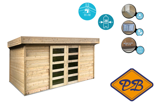 Afbeelding van Solid vuren blokhut 28mm S8217-1 Stockholm autoclave verduurzaamd 363,2X245,2cm