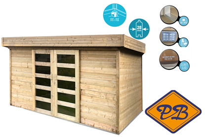 Afbeeldingen van Solid vuren blokhut 28mm S8213-1 Malmö autoclave verduurzaamd 393,2X305,2cm