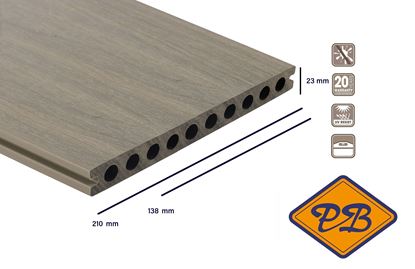 Afbeeldingen van Fiberdeck® WPC XXL terrasplank hol met dubbelzijdig profiel premium light grey 23x210mm