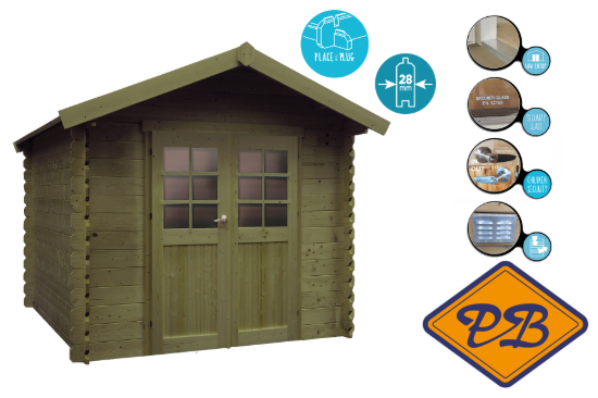 Afbeeldingen van Solid vuren blokhut 28mm S8311-1 Nimes autoclave verduurzaamd afmeting 238x238cm