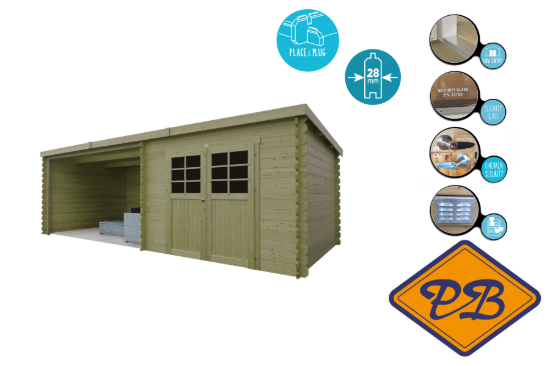 Afbeeldingen van Solid vuren blokhut 28mm S8369-1 Rohan autoclave verduurzaamd afmeting  298+364,4x298cm