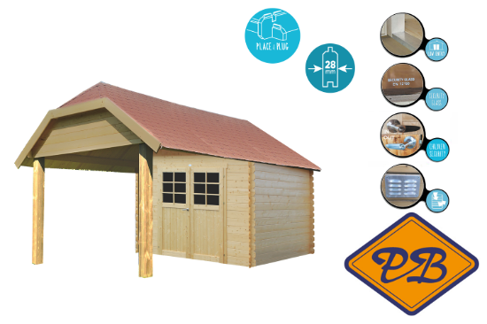 Afbeeldingen van Solid vuren blokhut 28mm S8507-1 Cork autoclave verduurzaamd afmeting 298x298+265,4cm