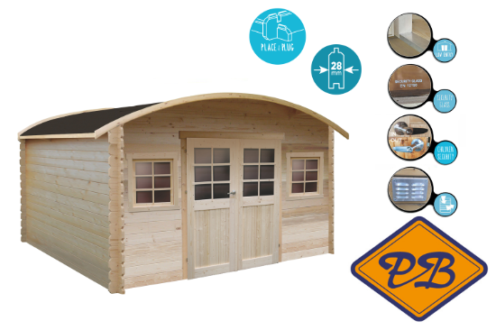 Afbeeldingen van Solid vuren blokhut 28mm S8333-1 Dainville II autoclave verduurzaamd afmeting 388x298cm