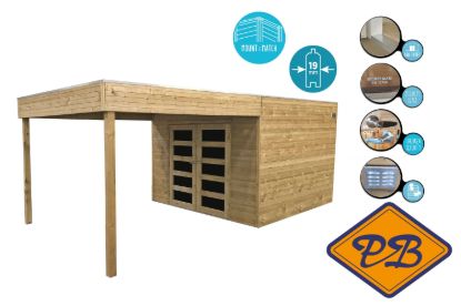 Afbeeldingen van Solid vuren blokhut 19mm S8743-1 Matera autoclave verduurzaamd afmeting 298,8x290,8+287cm