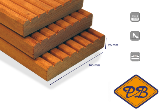 Afbeeldingen van bilinga vlonderplank met enkelzijdig lotus profiel 25x145mm