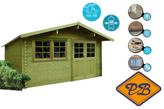 Afbeeldingen van Sold vuren blokhut 28mm S8308-1 Noirt autoclave verduurzaamd afmeting 418x298cm